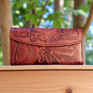 ARVE Hand Tooled Leather Travel Embossed  Vintage Clutch